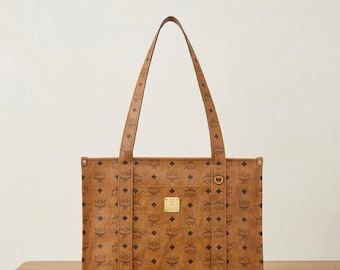 MCM Tote Bag, Cowhide Leather Monogram Shoulder Handbag, Luxury Designer Shopping Work Purse