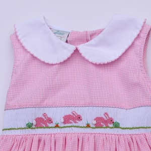 Hand‑embroidered dress for little girls. Spring toddler girl dress. sleeveless collard pink smocked dress with embroidered pink bunnies.