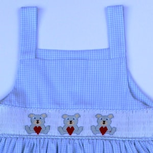 Hand‑embroidered dress for little girls. Toddler girls smock dress. Summer dress with embroidered heart teddy bears