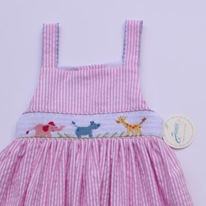 Hand‑embroidered dress for little girls. Toddler girl smocked dress. Sleeveless Summer dress with embroidered safari animals.