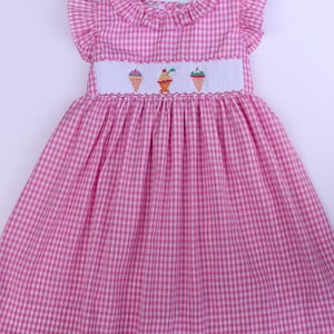 Hand-embroidered smocked dress - Pink and white plaid dress for girls with ruffled sleeves, embroidered ice cream, and a bow at the back.