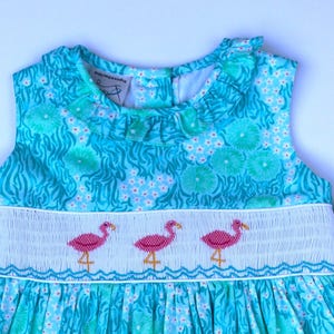 Smocked hand embroidered toddler summer girls dress,  Aqua Sleeveless Dress with Hand-Embroidered Flamingos. Handmade with love. 4T