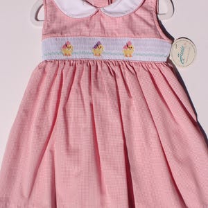Smocked hand embroidered toddler girls dress - Pink and white plaid sleeveless dress with collar and embroidered chicks. 3T