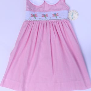 Smocked hand embroidered toddler girls dress - Pink and white plaid sleeveless dress with collar and embroidered  fireflies