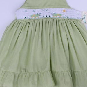 Smocked embroidered hand made toddler girls dress -Green sleeveless dress with embroidered crickets