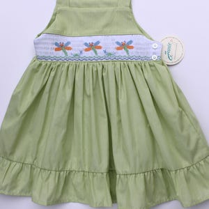Smocked hand embroidered girls dress -Green sleeveless dress with embroidered fireflies