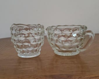 Vintage 1030's Jeannette Glass Cube Clear Creamer & Sugar Bowl Set Depression Glass Art Deco