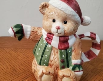 Tetera navideña vintage de 1994 de Brite Star MFG Co. USA con diseño de osito de peluche.