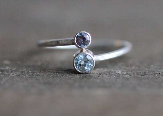 Double Gemstone Ring Two Birthstone Silver Stacking Ring Etsy