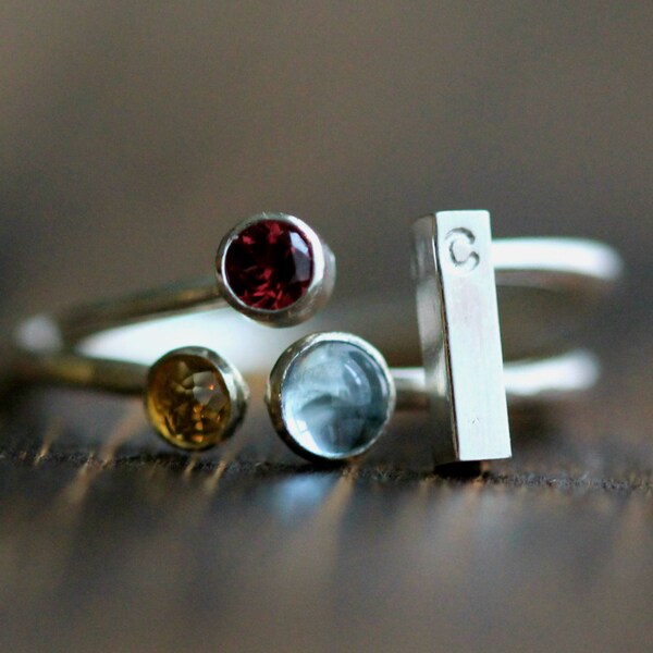 Elegant Three Birthstone & Initial Stacking Ring Set- Two Rings in Silver or GF Bands w/ Custom Initial Bar w/3 Gemstones By Pale Fish, R014