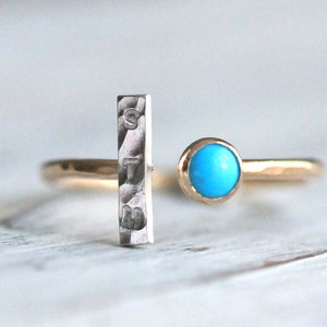 Turquoise Ring, Gemstone Inital Ring -Adjustable December Birthstone Ring, Hammered Silver &14K GF Stacking Ring By Pale Fish NY, R035