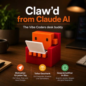 Könnte beinhalten: Ein rotes und orangefarbenes Schreibtisch-Buddy in Form eines pixeligen Charakters, der in einem Stuhl sitzt, mit einem weißen Laptop. Der Text "Claw'd from Claude AI" und "The Vibe Coders desk buddy" sind darüber angezeigt.