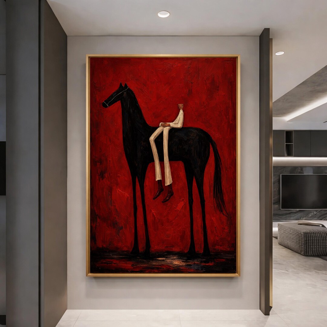 Large Red Abstract Horse Painting, Surreal Rider Wall Art, Modern ...