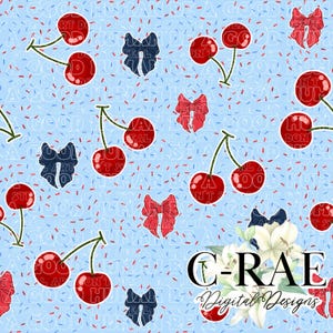 May include: A seamless pattern featuring red cherries, blue and red bows, and red and white confetti on a light blue background. The text "C-RAE Digital Designs" is in the bottom right corner.