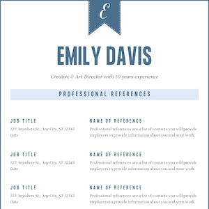 May include: A professional resume template with a blue accent color. The template includes sections for job title, name of reference, contact information, and professional references. The text "Emily Davis" is at the top of the page.