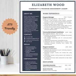May include: A resume for Elizabeth Wood, a Community & Program Engagement Leader. The resume highlights her experience in program management, community outreach, fundraising, and grant writing. It also lists her skills, certifications, and education.