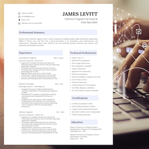 May include: A resume for a software engineer and cloud and data specialist named James Levitt. The resume lists his experience, technical proficiencies, certifications, and education. The resume is on a white background with a blue header.