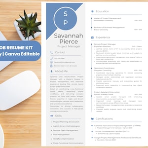 May include: A blue and white resume template with the name Savannah Pierce, Project Manager, and contact information. The resume lists education, experience, skills, and certifications.