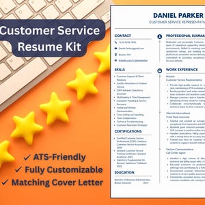 May include: A customer service resume kit with a yellow background and five yellow stars. The resume kit is ATS-friendly, fully customisable, and includes a matching cover letter. The resume kit is designed for customer service representatives.