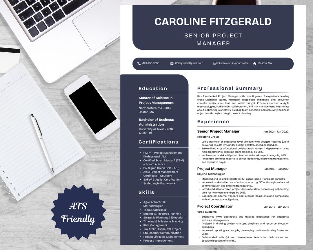 Senior Project Manager Resume Template | Ats-friendly Editable Canva CV ...