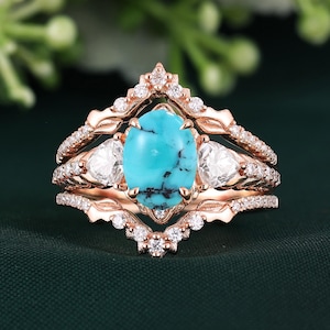 Vintage Oval Cut Turquoise Flower Engagement Ring Set Unique Diamond Curved Wedding Band 14k Gold Turquoise Engraved Promise Ring Bridal Set