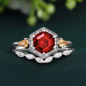 Hexagon Cut Ruby Engagement Ring Set Unique Platinum Marquise Moissanite Wedding Band, Delicate Ruby Promise Ring Bridal Set Gift for Wife
