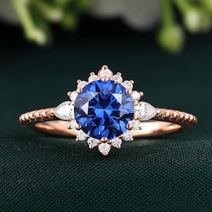 Delicate Round Sapphire Engagement Ring 14k Solid Gold Halo Diamond Wedding Ring for Women Custom Bridal Promise Gift Personalized Jewelry