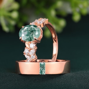 Green Moss Agate Wedding Ring Set Nature Moissanite Flower Engagement Ring Set His and Her Wedding Band Solid Gold Anniversary Ring for Him