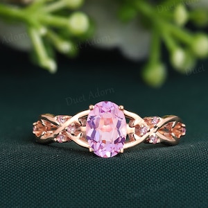 Vintage Oval Pink Sapphire Engagement Ring Rose Gold Branch Wedding Ring for Women Nature Inspired Sapphire Leaf Promise Ring Gift for Wife