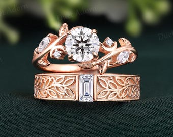 Aliança de casamento de casal de moissanita inspirada na natureza, 2 peças, 4 mm, folha de ouro rosa, aliança de casamento masculina, aliança de compromisso para ele e para ela, presente de aniversário para ele