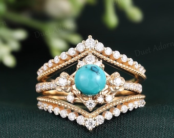 Vintage Round Turquoise & Diamond Engagement Ring Set 14k Gold Moissanite Double Halo Wedding Ring Enhancet Set Personalized Bridal Jewelry