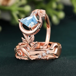 Vintage Kite Aquamarine Engagement Ring Set Art Deco Leaf Branch Couple Wedding Ring Aquamarine Promise Ring for Couple Personalized Gift