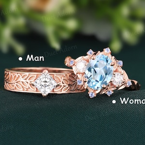 Natural Aquamarine Couple Ring Leaf Princess Moissanite Men&#39;s Wedding Band His and Hers Engagement Ring Unique Anniversary Gift for Couple