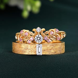 18K Gold Moissanite Couple Ring His and Her Leaf Flower Matching Ring Solid Gold Diamond Men&#39;s Wedding Band Personalized Couple Promise Gift