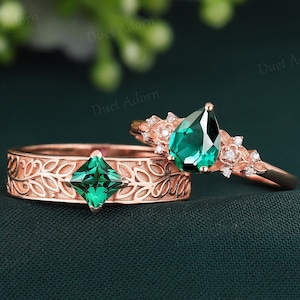 Antique Emerald Leaf Engagement Ring Set Rose Gold Emerald Men&#39;s Wedding Band Nature Inspired Leaf Couple Ring Anniversary Gift for Couple