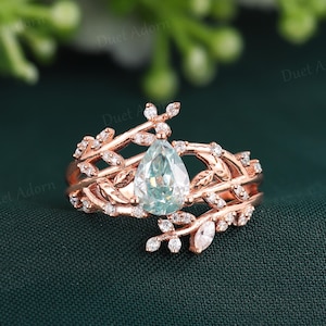 Natur inspiriert Grün Moissanite Verlobungsring Art Deco Diamant Cluster Zweig Ehering 14k Solid Gold Jubiläumsringe für Frauen
