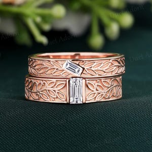 Baguette Moissanite Men&#39;s Wedding Ring Set 14K Rose Gold Couple Ring Nature Inspired Couple Matching Ring Anniversary Gift for Him and Her