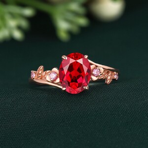 Dainty Oval Ruby Engagement Ring, 14k Rose Gold Floral Wedding Ring for Her, Nature Inspired Leaf Promise Ring, Custom Anniversary Ring