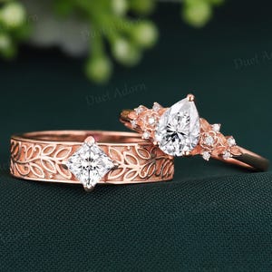 Vintage Moissanite Wedding Ring Set for Couples Rose Gold Princess  Moissanite Men&#39;s Ring His and Hers Wedding Matching Ring Couple Jewelry
