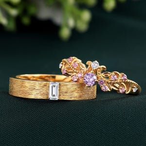 Vintage Moissanite Couple Ring Set Leaf Flower Men&#39;s Wedding Band 14k Solid Gold Couple Wedding Band His and Hers Promise Ring Gift for Him
