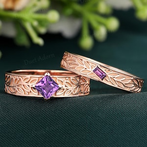 2pcs Natural Amethyst Couple Wedding Ring Set Amethyst Leaf Floral Wedding Band for Men and Women His and Hers Anniversary Ring Gift for Him