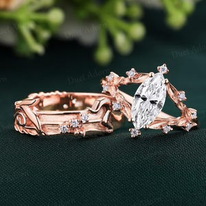 Vintage 2pcs Marquise Moissanite Couple Ring Set Nature Inspired Leaf Floral Couple Wedding Ring His and Hers Wedding Band Gifts for Husband