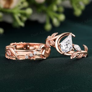 Nature Inspired Moissanite Couple Wedding Ring Kite Cut Moissanite Leaf Engagement Ring 14k Rose Gold Men&#39;s Flower Wedding Band Gift for Him