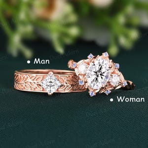 2PCS Nature Inspired Moissanite Couple Ring 14K Solid Gold Leaf Wedding Ring for Men Anniversary Rings for Men and Women Dainty Promise Ring