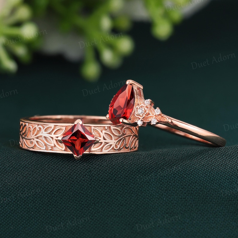 2PCS Antique Ruby Couple Wedding Ring Set Leaf Floral Couple Promise ...