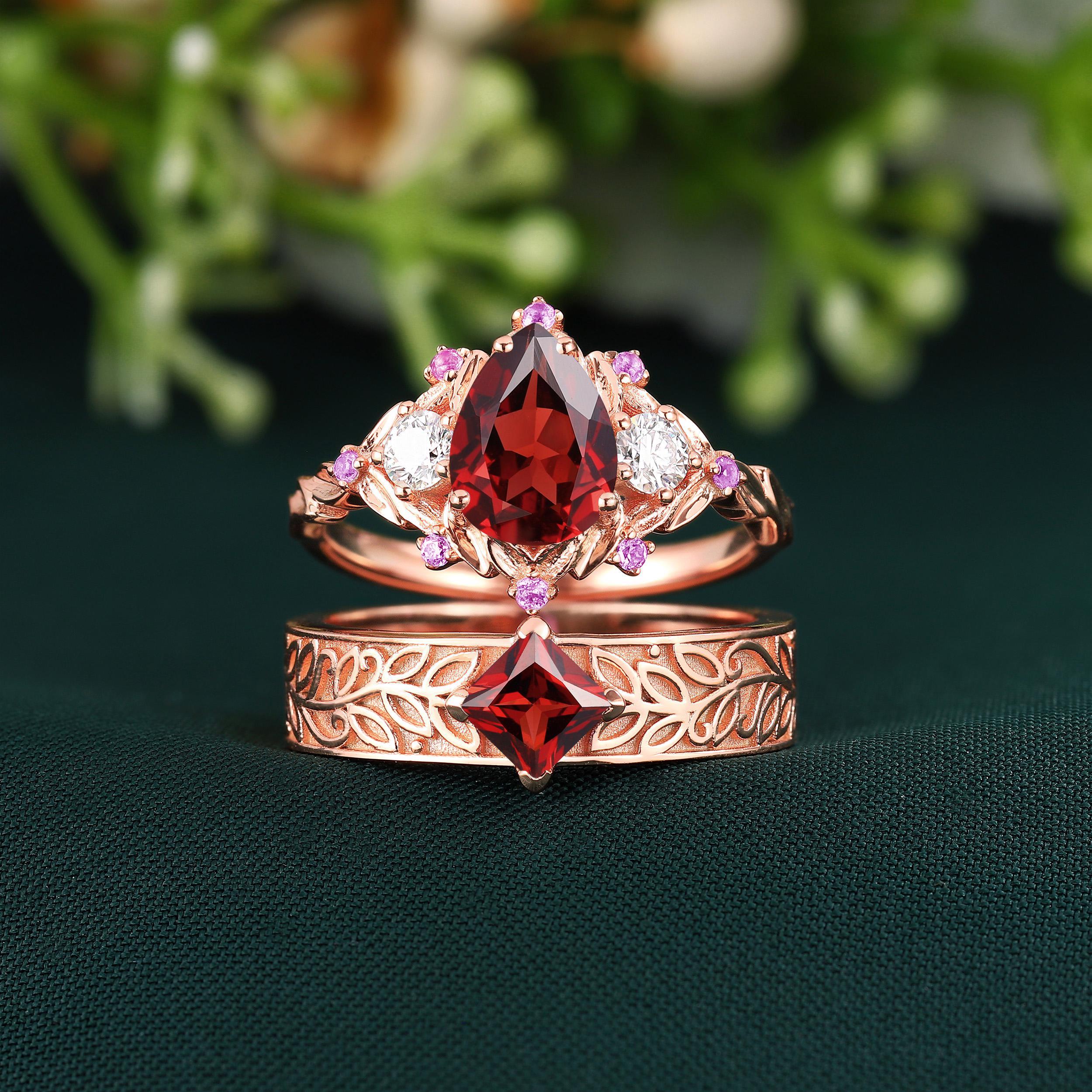 2pc Ruby Couple Ring Set Nature Inspired Ruby Wedding Set Rose