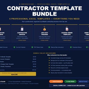 Pode incluir: Um pacote de modelos digitais para empreiteiros com cinco planilhas profissionais do Excel. O gráfico azul escuro exibe texto, incluindo Contractor Estimate, Invoice, Job Cost Tracker, Change Order e Crew Weekly Timesheet, com uma lista de recursos.