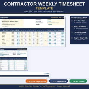 Può includere: Un modello digitale di foglio presenze settimanale per appaltatori in formato Excel. Il documento include una sezione per il foglio presenze del team, un riepilogo delle buste paga e campi di calcolo automatico. Testo: CONTRACTOR WEEKLY TIMESHEET TEMPLATE, WHAT'S INCLUDED, INSTANT DOWNLOAD, FULLY EDITABLE, EXCEL FORMAT.