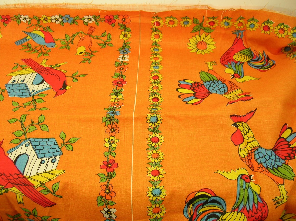 Vintage Tea Towel Fabric Orange Cotton Butterflies Etsy