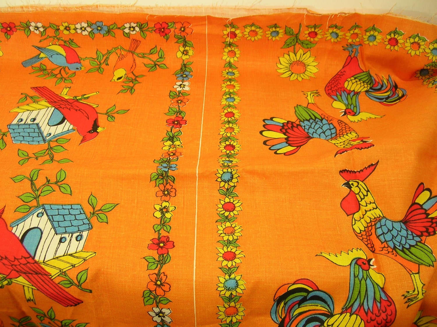 Vintage Tea Towel Fabric Orange Cotton Butterflies Etsy
